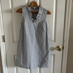 Crown & Ivy Seersucker Sleeveless Ruffled Collar Grey/Blue & White Midi Dress